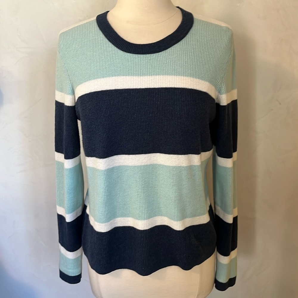 Stitch & Needle Blue,Teal & white Striped Cotton & Cashmere Sweater Size Medium